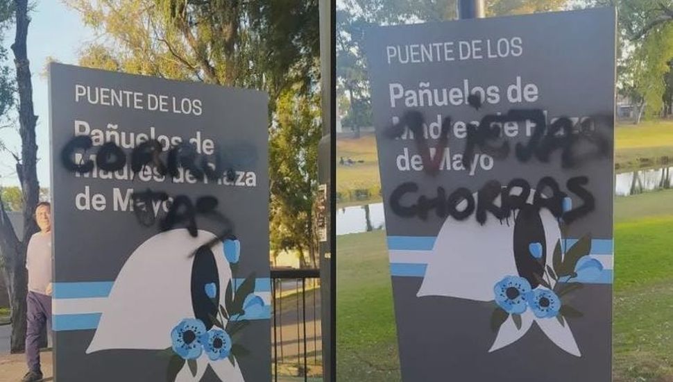 Vandalismo: atacaron con pintadas el Puente de los Pañuelos de Madres de Plaza de Mayo ubicado en Terraplén