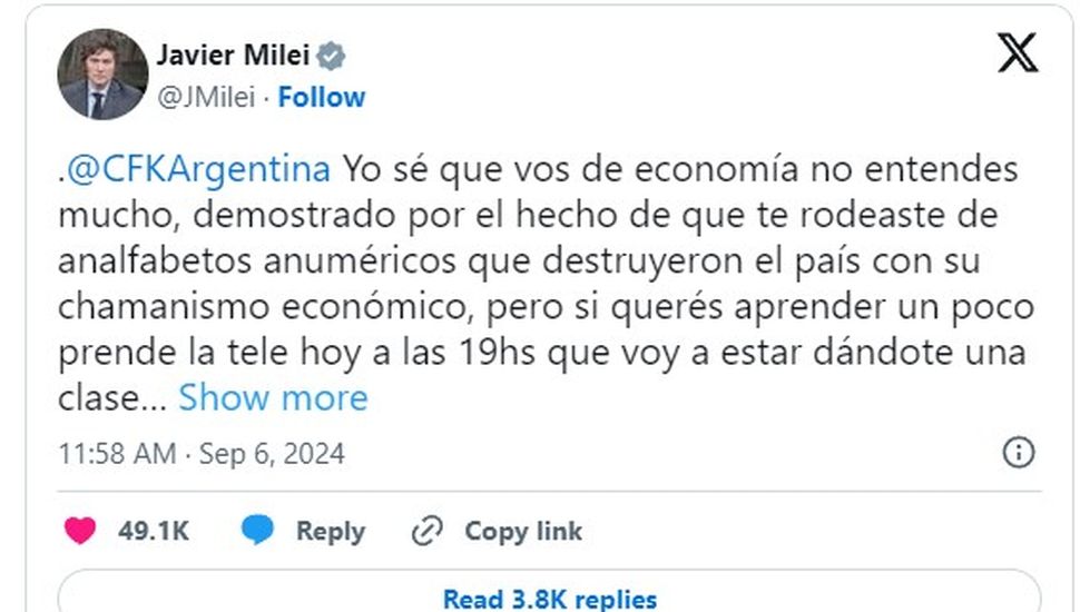 Milei le contestó a Cristina Fernández: “Vos de Economía no entendés mucho”